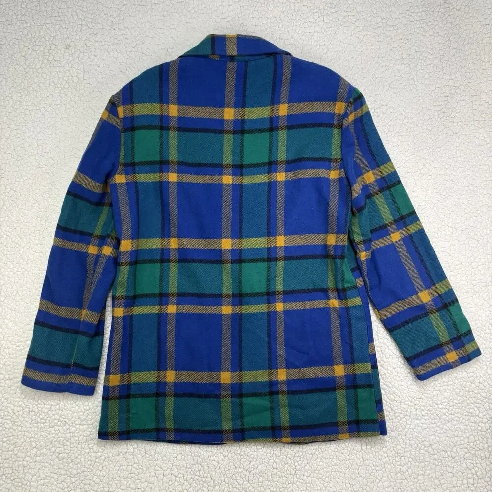 Joule Energy Vintage Plaid Boyfriend‎ Blazer Sz M Blue Green Yellow Long Pockets
